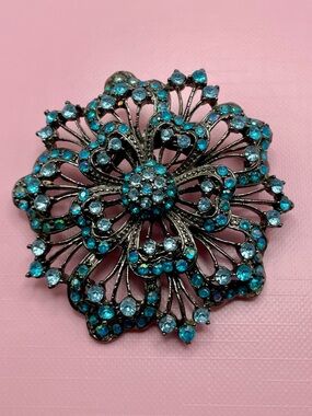 Turquoise Crystal Filigree Flower Brooch